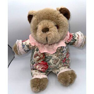 Milaca Vintage Floral Dressed Teddy Bear 13" Stuffed Plush   With Pink Lace